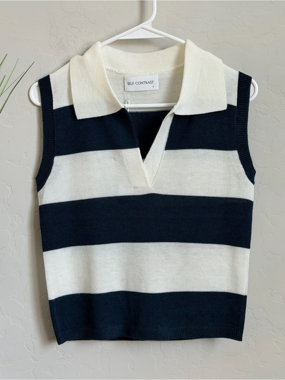 SELF CONTRAST Sleeveless Polo Sweater - Navy & Cream Stripes
